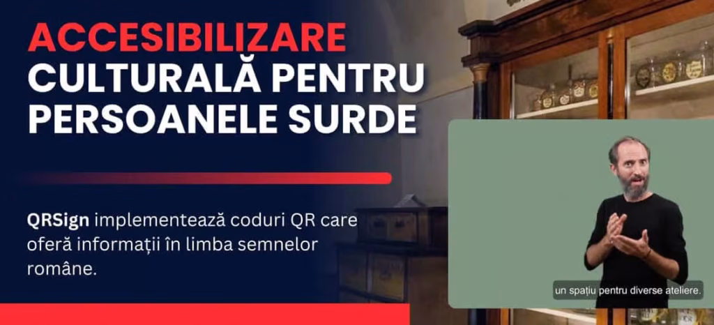Două persoane interacționează cu un obiect expus într-un spațiu muzeal. Una dintre ele explorează un element tactil de pe masă, folosind mâinile pentru a înțelege forma și structura, în timp ce cealaltă persoană oferă ghidare sau explicații. În jur se observă un mediu organizat, cu mobilier din lemn și obiecte expuse, sugerând o expoziție educațională. Elementele tactile indică faptul că experiența este adaptată pentru accesibilitate, inclusiv pentru persoane cu deficiențe de vedere.